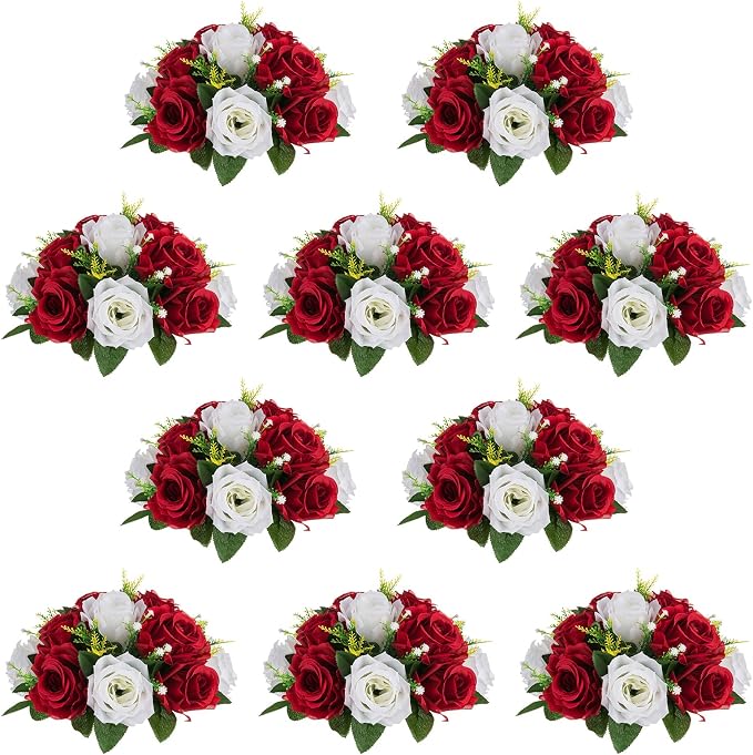 NUPTIO Artificial Flower Centrepieces for Tables - 10 Pcs Crimson & White Fake Flowers Roses Balls 9.5in Diameter - Silk Faux Rose Arrangement for Wedding Party Centerpiece Table Decorations | Crimson & White, Silk Floral Balls Arrangement, for Birthda...