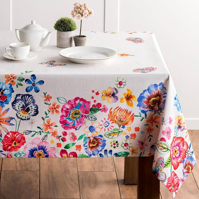 Maison d' Hermine Table Cloth Rectangle Table 100% Cotton 54 x 72 Inches Tablecloth Reusable Decorative for Dining Kitchen Room Party Home Hotel Restaurant Spring Summer - Happy Florals - High Summer