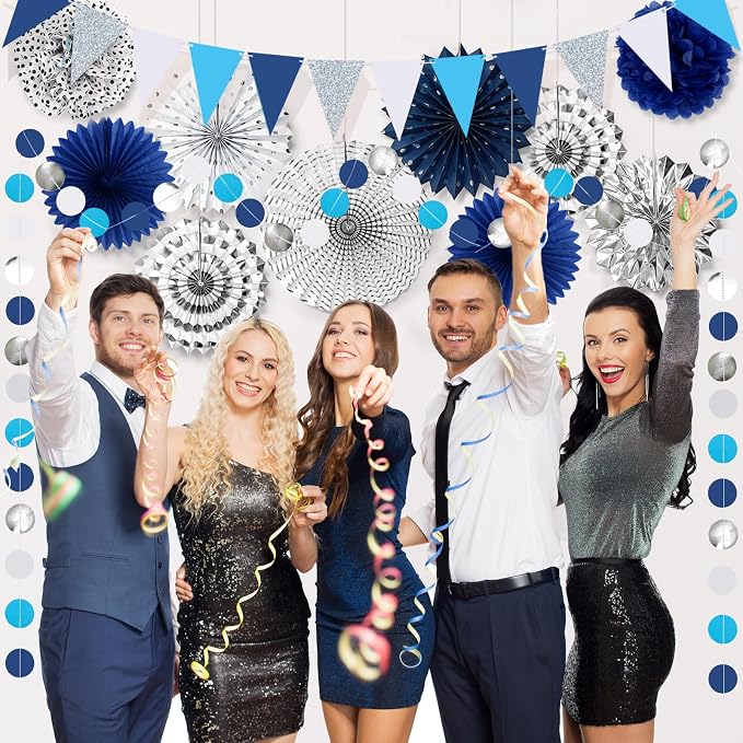 33 Pcs Navy Blue and Silver Party Decorations Kit - Reusable Paper Fans, Pom Poms, Tassel Garland & Banner - Elegant Decor for 2026 Graduation, Birthday, Wedding & Bridal Shower