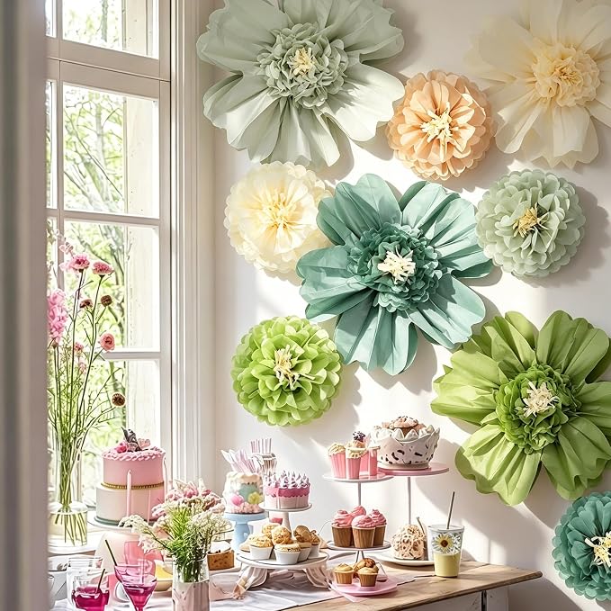 Crowye 12 Pcs Large Colorful Tissue Paper Flowers Decorations Giant Fiesta Craft Crepe Paper Flowers for Wall Decor Backdrop Mexican Wedding Birthday Carnival Party (10'' 20'',Green Color)