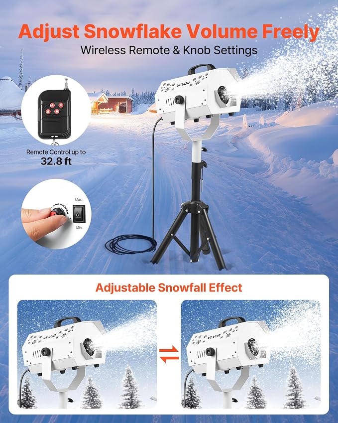 VEVOR Snow Machine, 1500W Snow Maker Machine with Height Adjustable Stand and Wireless Remote Control, High Output Portable Snowmaking Machines for Outdoor Christmas Parties Wedding Stage Effect
