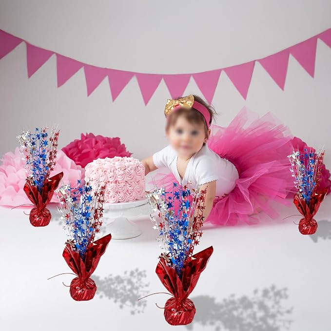 Gyufise 6 Pack Metallic Foil Spray Centerpiece Star Table Decoration Burst Table Centerpieces Table Decor for Birthday Wedding Anniversary Graduation Holiday Party Supplies Red Blue Silver