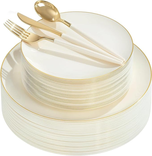 DaYammi 150Pcs Ivory Plastic Plates with Gold Rim,Disposable Plastic Plates Include 30 Dinner Plate,30 Salad Plate,30 Forks,30 Spoons,30 Knives,Ivory and Gold Plates for Party,Wedding,Mother's Day