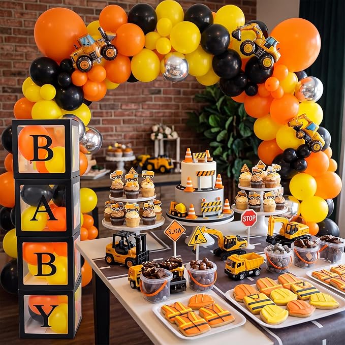 Zhanmai Baby Shower Balloon Boxes for Bear Baby Shower Decoration with 4 Letters 36 Balloons 4 Transparent Balloon Box Blocks for Boy Girl Gender Reveal Party Favors (Black,Yellow,Orange)