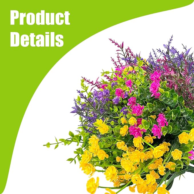 Artificial Flowers for Outdoors, UV Resistant Fake Plants for Spring Outside Window Box Hanging Planters Porch Realistic Plastic Faux Flower Bulk for Wedding Garden Decor(12,Purple,Red,Yellow)