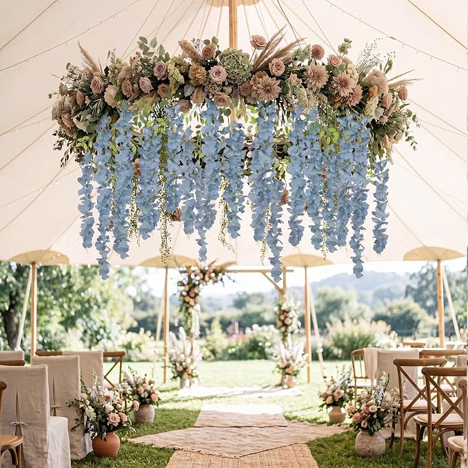12PCS Dusty Blue Artificial Wisteria Hanging Flowers 3.6Ft Fake Bushy Silk Hanging Flowers Garland Faux Wisteria Vine for Garden Home Wedding Arch Baby Shower Party Decorations (Dusty Blue)