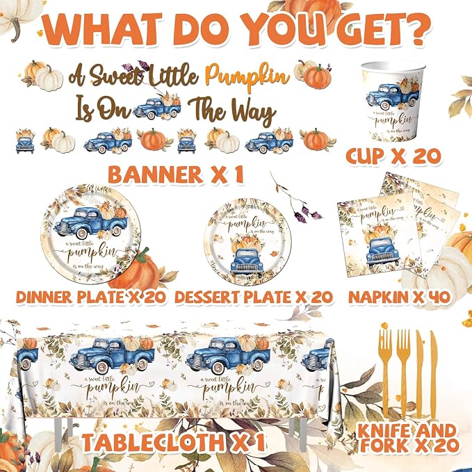 Little Pumpkin Baby Shower Decorations, 142pcs A Sweet Little Pumpkin Is On The Way Banner Pumpkin Plates and Napkins Boy Blue Truck Boho Thanksgiving Fall Gender Reveal Baby Shower Party Supplies