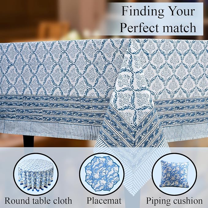 CPC Indigo Regal Tablecloth 100% Cotton 70x108 Inch Indian Block Print Rectangle Table Cover, Table Cloth for Gifting in Weddings, Halloween, Fall, Christmas, Thanksgiving