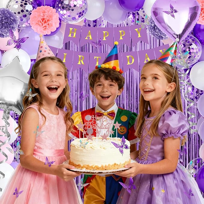 Purple birthday party decorations balloons kit for Women Girls, Balloons,Silver Foil Balloons,Fringe Curtains Happy Birthday Banner Paper Pompoms 3D Butterfly Cake Topper Party Supplies