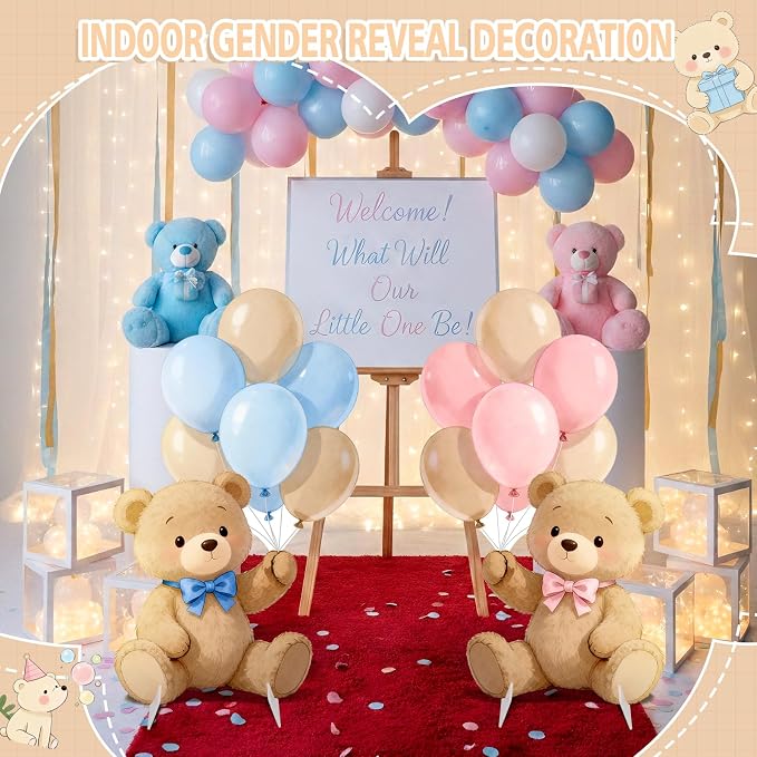 2Pcs Gender Reveal Bear Cardboard Cutouts Standup, Pink Blue Bear Baby Shower Birthday Party Decorations, He or She Photo Booth Props Yard Signs with Stakes & Stands for Indoor Outdoor Use