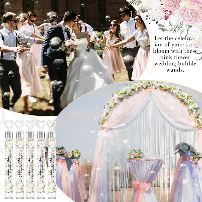 Hollowfly 120 Pack Pink Flower Wedding Mini Bubble Wands for a Wedding Bulk White Heart Bubble for Guests Send Off Wand Adults Bridal Exit Shower Party Supplies Valentine Anniversaries Celebration