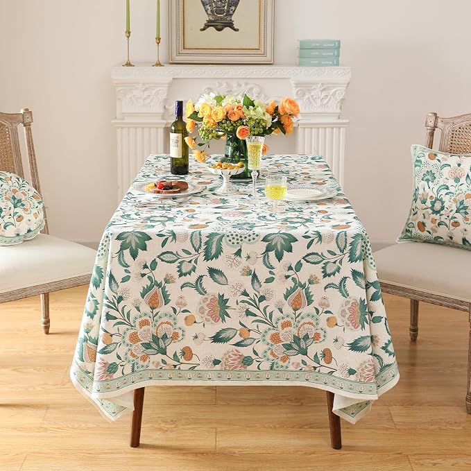 patdrea Vintage French Linen Tablecloth,Rectangular,71"x55"-Tree Life | Elegant Colorful Table Cloth for Rectangle Table,Green Floral Patterned,for Dining Room Tea Party Thanksgiving,Durable