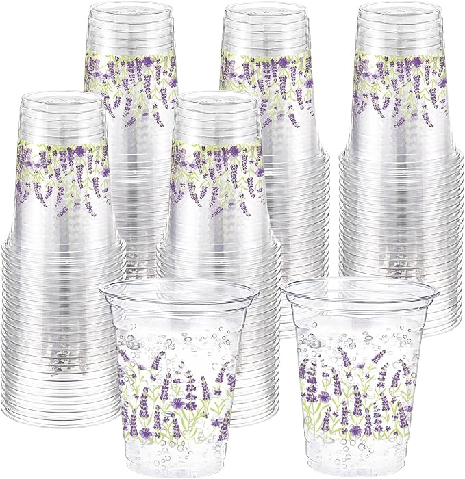Hushee Lavender 60 Pcs Party Cups 16 oz Plastic Disposable Drinking Cups for Birthday Love Baby in Bloom Baby Shower Summer Fresh off The Market Bridal Shower Decorations Supplies