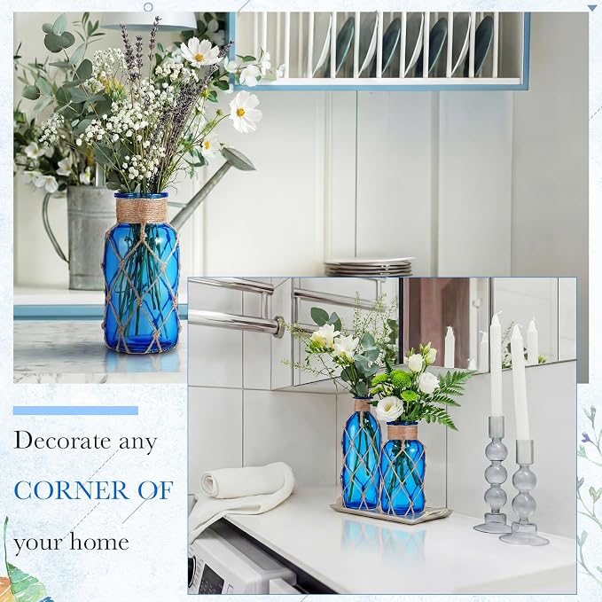 Chuangdi Set of 2 Coastal Glass Vases for Flowers TSITP Flower Vase with Boho Rope Small Sea Glass Jar Nautical Beach Bottle for Wedding Table Centerpieces Floral Arrangement Decor(Cobalt Blue)