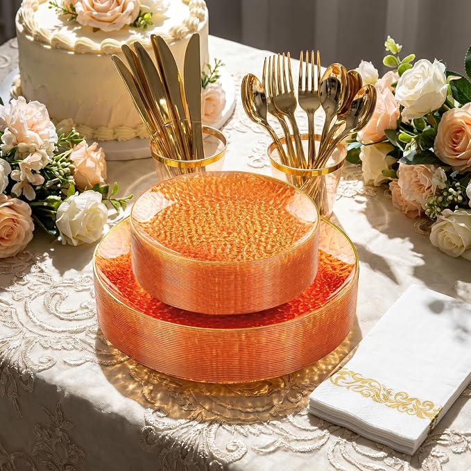 Rubtlamp 175 Pcs Plastic Dinnerware Set (25 Guests), Orange And Gold Plastic Plates, Hammered Party Plates Set Include Dinner Plates, Dessert Plates, Cups&Cutlery Set And Napkins for Wedding And Party