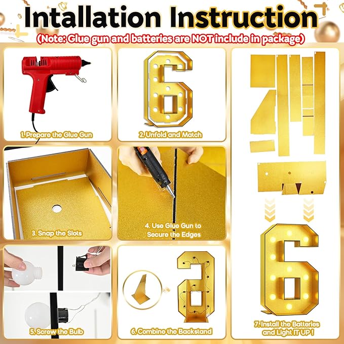 Number 6 Marquee, 4FT Light Up Numbers Gold Large Light Up Numbers Mosaic Number for 6th Birthday, Giant 4 Feet Tall DIY Frame Pre-Cut Foam Board Kit for Graduation Anniversary Party