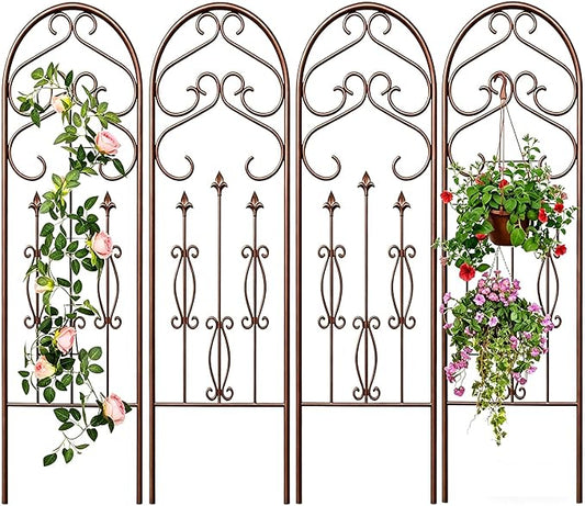 AMAGABELI GARDEN & HOME 4 Pack Large Garden Trellis for Climbing Plants Outdoor 60” x 18” Iron Plant Trellis for Potted Plant Support Tall Wall Metal Trellis Rose Vine Cucumber Brown