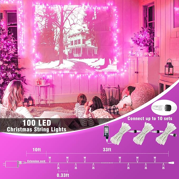 100 LED Pink String Lights Indoor Valentines Day Decorations, 33 FT Valentines Day Lights Waterproof with 8 Modes, Clear Wire Pink Fairy Lights Plug in for Valentine Day Wedding Party Bedroom Decor