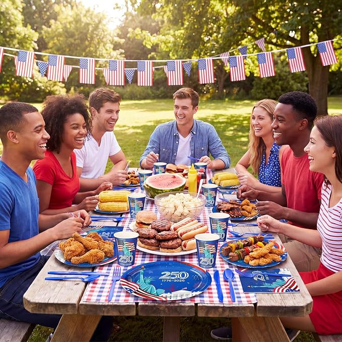 Pajean 350 Pcs 4th of July Party Decorations 12 inch Disposable Patriotic Oval Plates and Napkins Heavy Duty American Flag Paper Tableware Set for 50 Guests 250th Independence Party Supplies