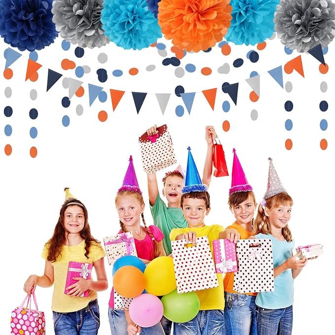 Blue-Silver Orange Space Party-Decorations Streamers-Garland - 30pcs Graduation 2026 Tissue Pom Poms,Tassel Banner Backdrop Birthday Boy Baby Shower Decor Bunting Lasting Surprise