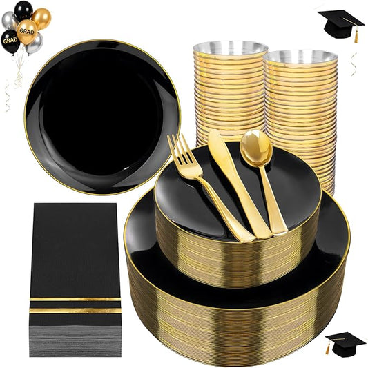 NOCCUR 350PCS Black and Gold Plastic Plates - Black Disposable Dinnerware Set for 50 Guests, 100 Dinner/Dessert Plates, 150 Gold Silverware, 50 Cups&50 Napkins for Party/Birthday/Graduation