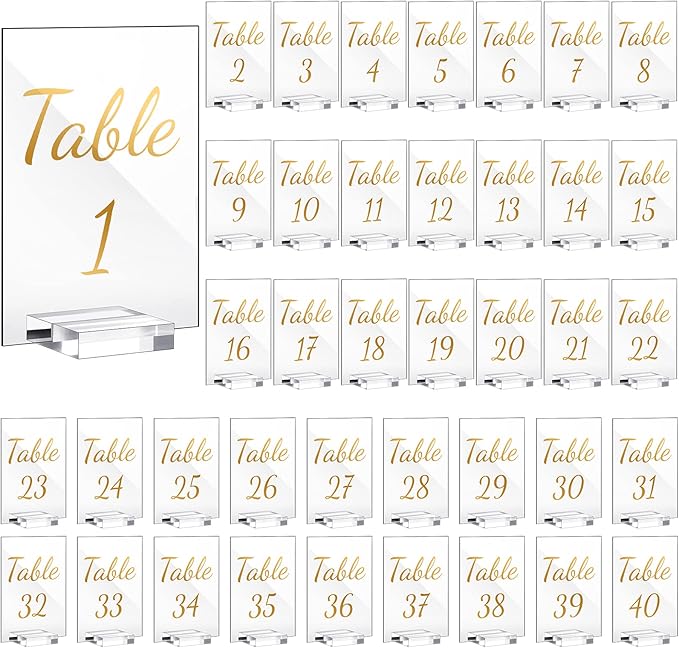 Tuanse 40 Pack Gold Acrylic Wedding Table Numbers 1-40 Clear Stand with Calligraphy Holders - 4 x 6 Inch Acrylic Table Signs for Wedding Reception Centerpieces