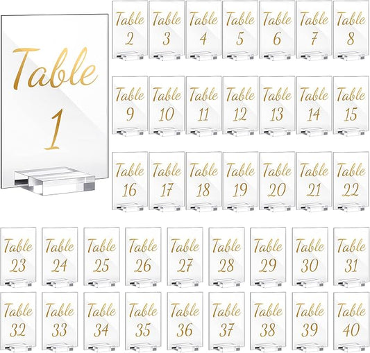Tuanse 40 Pack Gold Acrylic Wedding Table Numbers 1-40 Clear Stand with Calligraphy Holders - 4 x 6 Inch Acrylic Table Signs for Wedding Reception Centerpieces