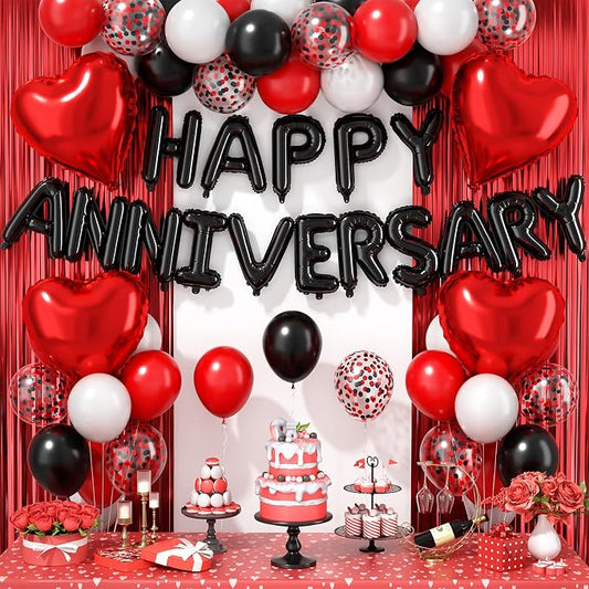 Anniversary Decorations Black Red,Happy Anniversary Balloon Banner with Heart Foil Balloons Fringe Curtain for Wedding Party Valentine's Day Romantic Night Surprise