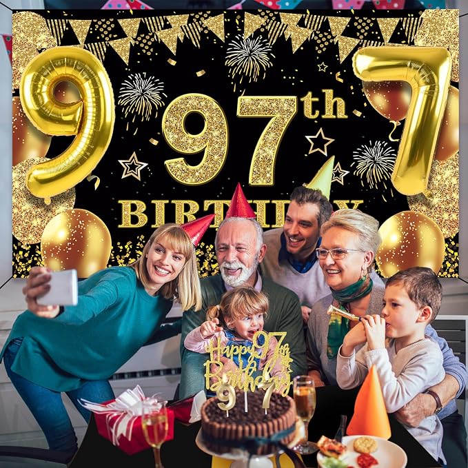 97th Birthday Decorations Men Women with 97th Birthday Banner, Black and Gold Table Cloth, Number Balloons, Large Sash, Cake Topper and Candles