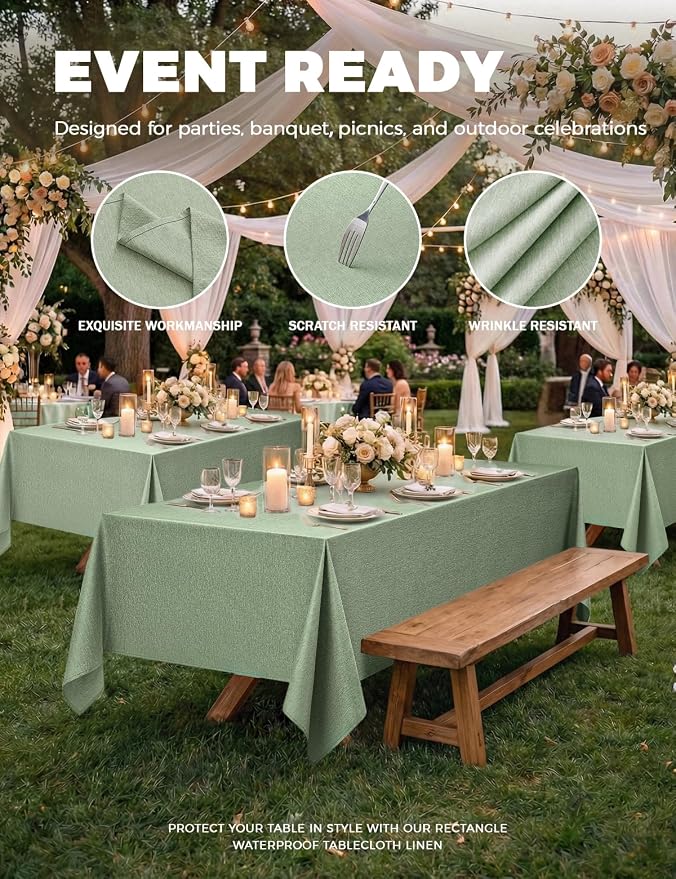 Decorelia Sage Green Washable Table Cloths for 6 Ft Rectangle Tables-4 Pack, Washable Polyester Faux Linen Rectangular Table Cloth Cover for Wedding,Outdoor,Events, Party,Banquet,Dining, 60x102 Inch