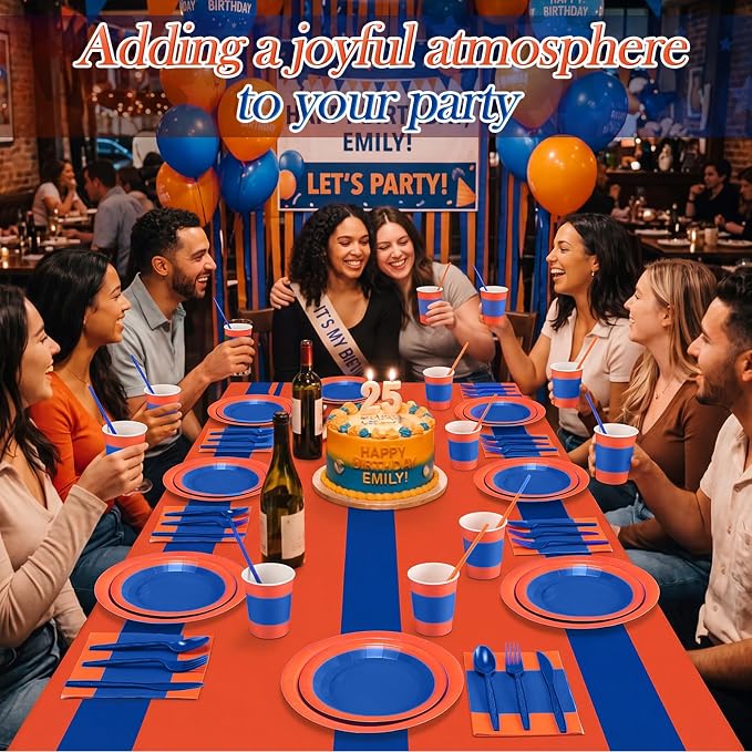 Funnymoom 452 Pcs Blue and Orange Party Supplies for 50 Guest, Blue Orange Paper Plates Cups Napkins Tablecloth Cutlery Straw Tableware Set for Graduation Birthday Retirement Wedding Party Decoration
