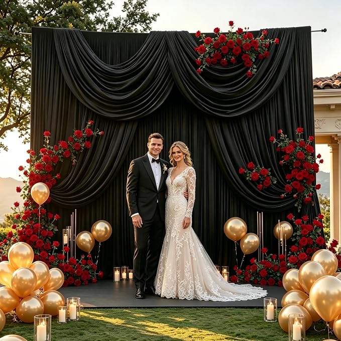 30FT x 10F Black Backdrop Curtain for 40th Birthday Decorations, Polyester Backdrop Drapes with Rod Pockets,Cloth Fabric Curtain for Wedding, Commercial Displays,Graduation Party Decorations