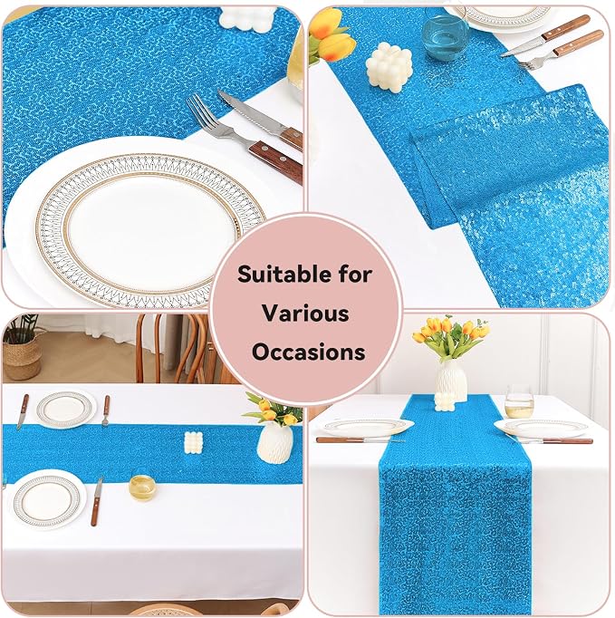 Sugargirl 10 Packs 12 x 72 inches Sequin Table Runner, Glitter Turquoise Table Runner for Birthday Party Supplies Wedding Holiday Celebration Event Decorations