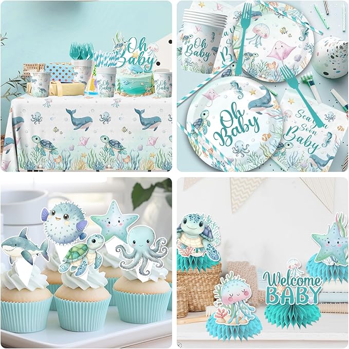 Sea You Soon Baby Shower Decorations Under The Sea Baby Shower Party Supplies Ocean Sea Animal Disposable Plates Napkins,Tablecloth,Cups,Balloon,Fork,Cake Toppers for Sea You Soon Theme Decor,Serve 24