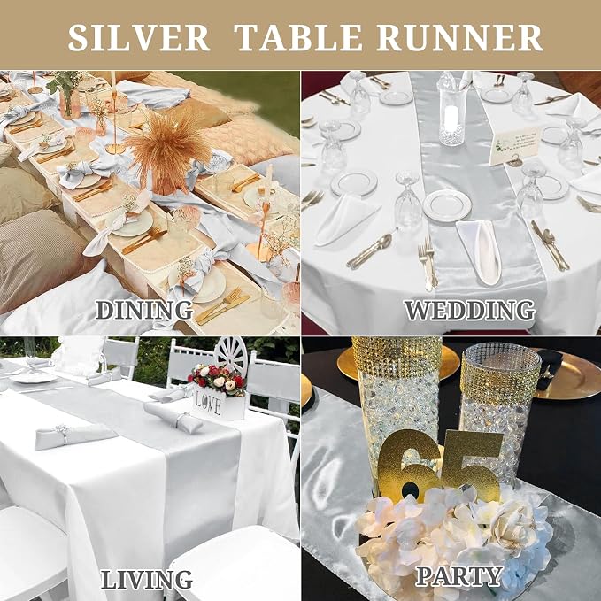 15 Pack Satin Table Runners 12 x 108 Inch Long Silver Table Runners for Rectangle Round Tables,Smooth Satin Table Runner for Wedding,Birthday Party Banquets Graduation Engagements Decoration