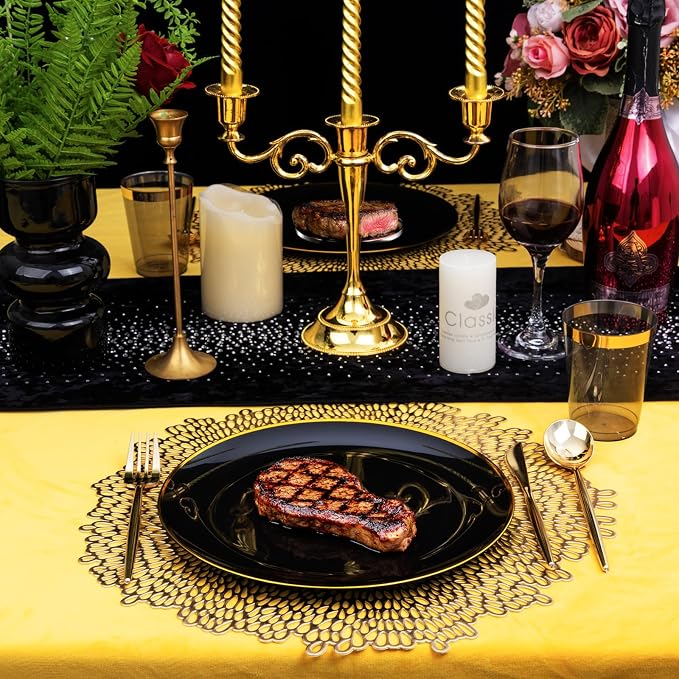 ejonirinjonir EI 180pcs Black Plastic Plates Black and Gold Disposable Plates Gold Plastic Dinnerware Set Silverware and Cups for Birthday,Wedding,Festival,Party,Graduation Decorations,Business Event