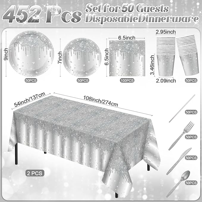 Funnymoom 452 Pcs Silver Birthday Party Decorations Include Diamonds Silver Glitter Paper Plates and Napkins Cups Tablecloth Cutlery Straws Disposable Tableware Set for Birthday Supplies