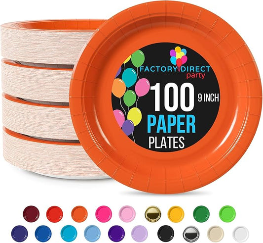 Exquisite Party Solids Orange Paper Plates Disposable Heavy Duty 9 Inch Orange Disposable Plates For Party 100 Pcs Heavy Duty 350 GSM, Birthday Supplies