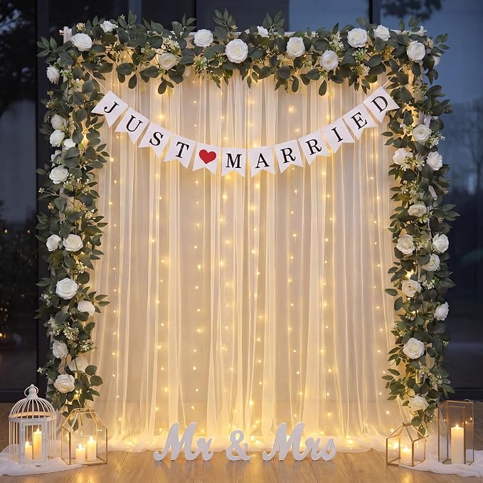 5 Pcs Just Married Decorations Kit, All-in-one Wedding Decor with White Tulle Backdrop with Lights, Mr and Mrs Sign, 2 Flower Garlands, Wedding Banner for Reception, Party (10 x 8ft)
