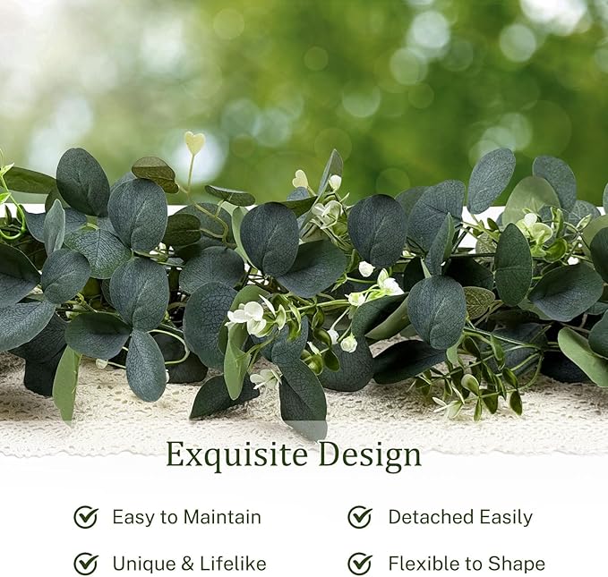 YIJXPOIN 4Pcs Eucalyptus Garland, 6FT Green Flower Garland Decor, Artificial Faux Eucalyptus Leaves Greenery Vines for Table Runner Wedding Bedroom Mantle Centerpieces Backdrop Decorations