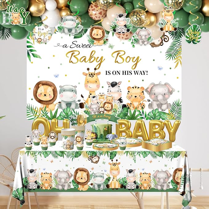 Safari Baby Shower Decorations,387pcs Jungle Baby Shower Decorations Sweet Boy Baby shower Theme Plates and Napkins Cups Tablecloth Backdrop Topper Balloons for Boy Wild Birthday Decorations