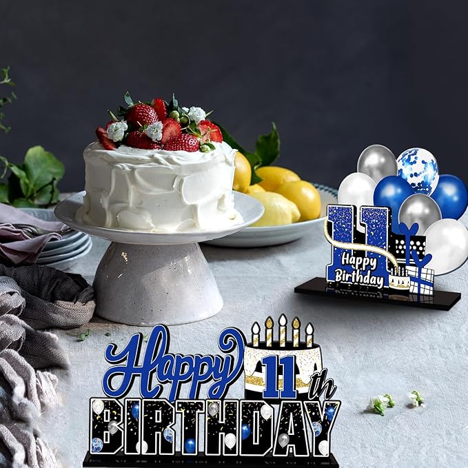 LINGTEER Happy 11th Birthday Blue Acrylic Table Topper Centerpieces Set - Cheers to Eleven Years Old Birthday 11th Bday Party Gift Decorations.