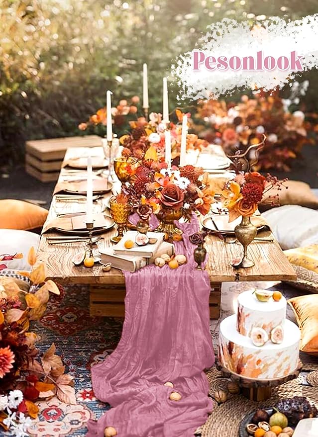 12 Pack Dusty Rose Cheesecloth Table Runner, 10FT Cheesecloth Rustic Boho Table Runner Long Romantic Semi Sheer Table Runner for Wedding Birthday Bridal Shower Party Decorations(21.5×120 Inch)