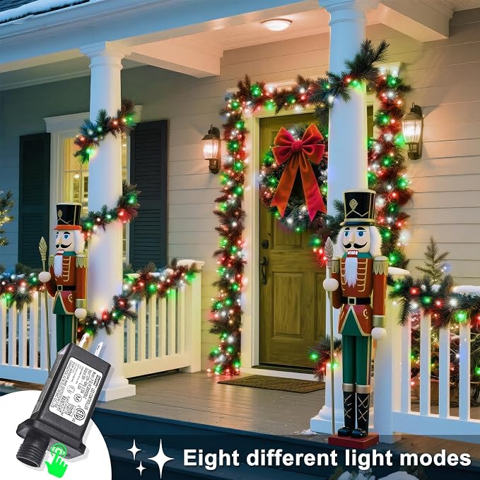 120 LED Christmas Lights Outdoor, 40 FT String Lights for Outside Waterproof, 8 Modes Plug in Fairy Twinkle Lights for Indoor Patio Yard Tree Christmas Halloween Decorations, Red White&Green