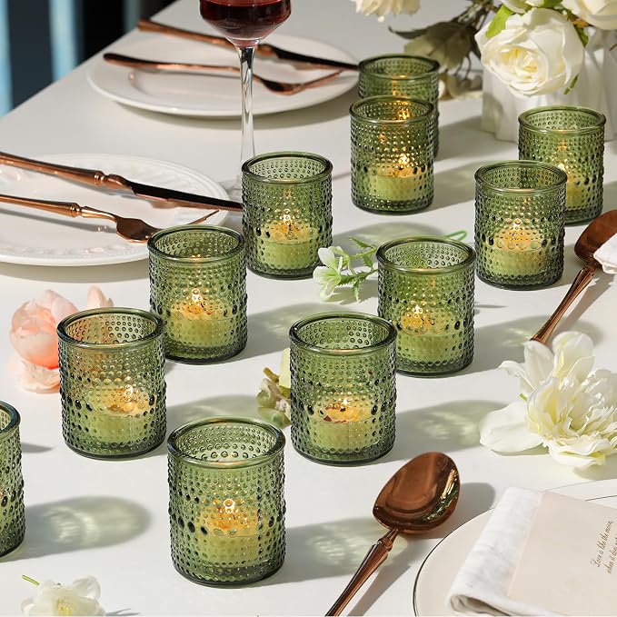 30 Pcs Green Votive Candle Holders, Glass Tea Lights Holder with Polka Dot Embossed, Vintage Candle Holder for Weddings, Home Decor, Baby Shower, Special Occasions