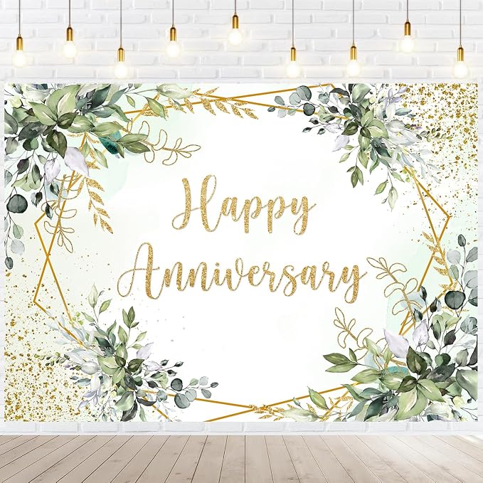 Withu Happy Anniversary Backdrop Sign Decorations Banner Sage Green Gold Photography Background Leaves Marriage Memorial 10 Years 25th 30th 40th 50th 60th Wedding Day Backdrops 8x6ft