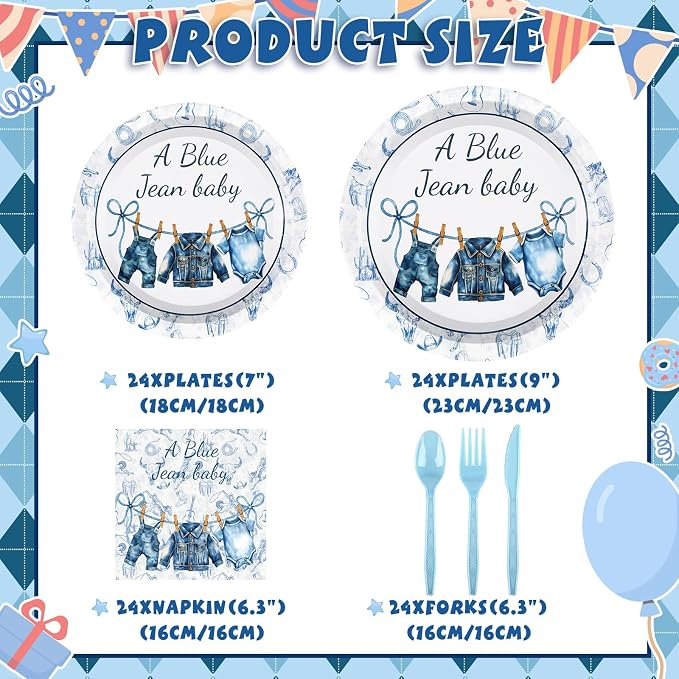 Yungyan 168 Pcs Blue Jean Baby Shower Birthday Party Decoration Disposable Blue Paper Plates Napkins Tableware Set for Boho Rustic Country Bridal Birthday Baby Shower Party Supplies Serves 24
