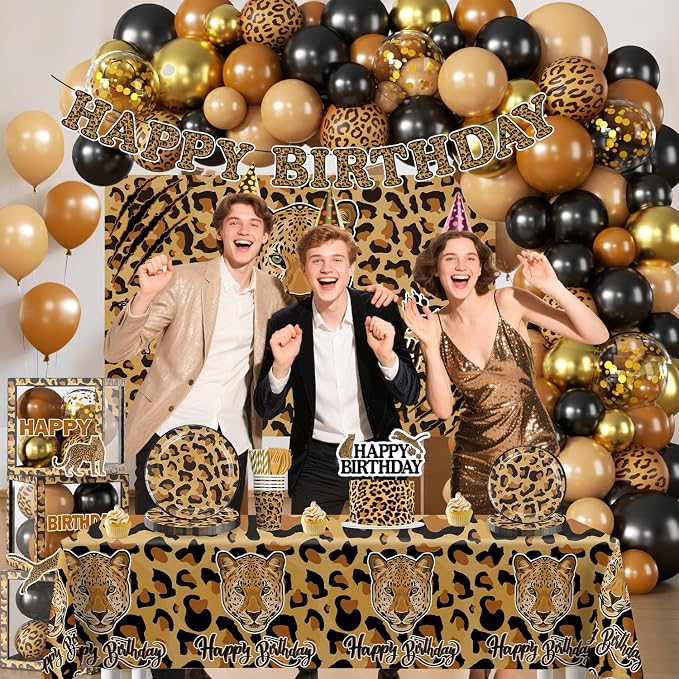 224 Pcs Cheetah Print Birthday Decorations,Cheetah Birthday Balloons Cake Plates and Napkins Set Decorations Leopard Print Backdrop Decorations for Party