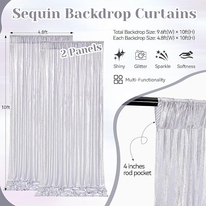 Silver Sequin Backdrop Curtain: Glitter Drapes 9.6ft x10ft Background for Indoor Outdoor Christmas Photography Birthdays Weddings Graduations 2 Panels 4.8FTx10FT