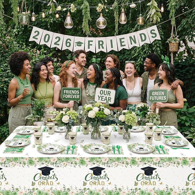 Funnymoom 452 Pcs Class of 2026 Green Gold Floral Graduation Decoration for 50, Sage Green Congrats Grad Paper Plates Napkins Cup Tablecloth Cutlery Straw for Graduated Decoration Party Supply